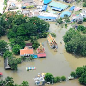 An aerial view of a town in need of disaster restoration