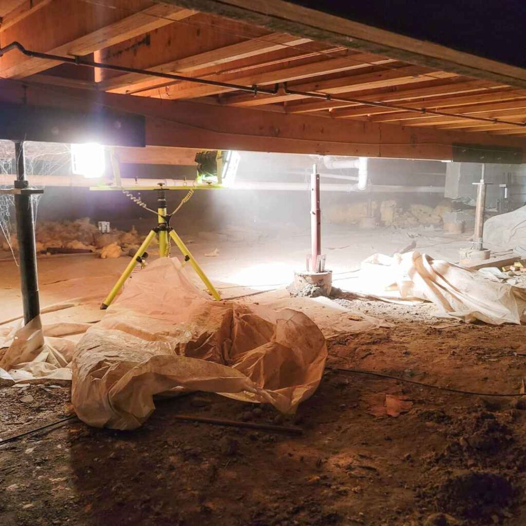 Mold damage inside of a crawl space.