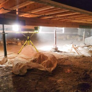 Mold damage inside of a crawl space.