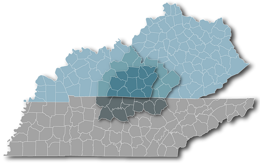 A map of the SKY Restoration service area including Southern Kentucky and Northern Tennessee