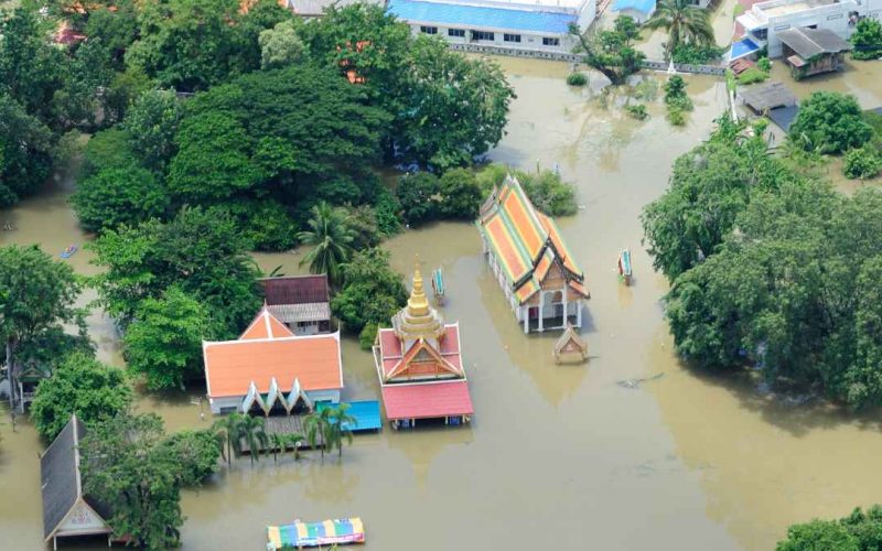 An aerial view of a town in need of disaster restoration